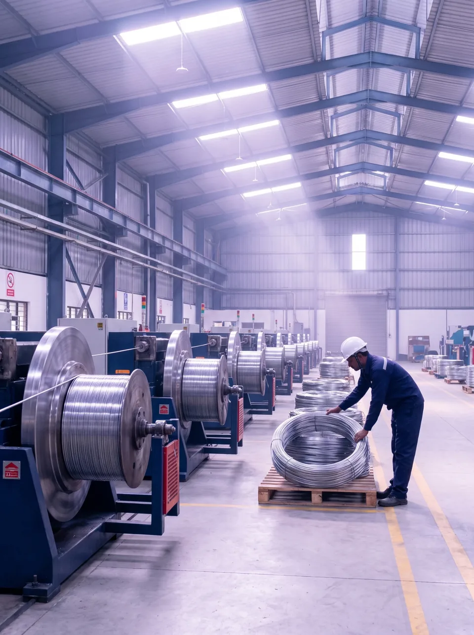 Wire drawing machines and coils of finished wire on a factory floor